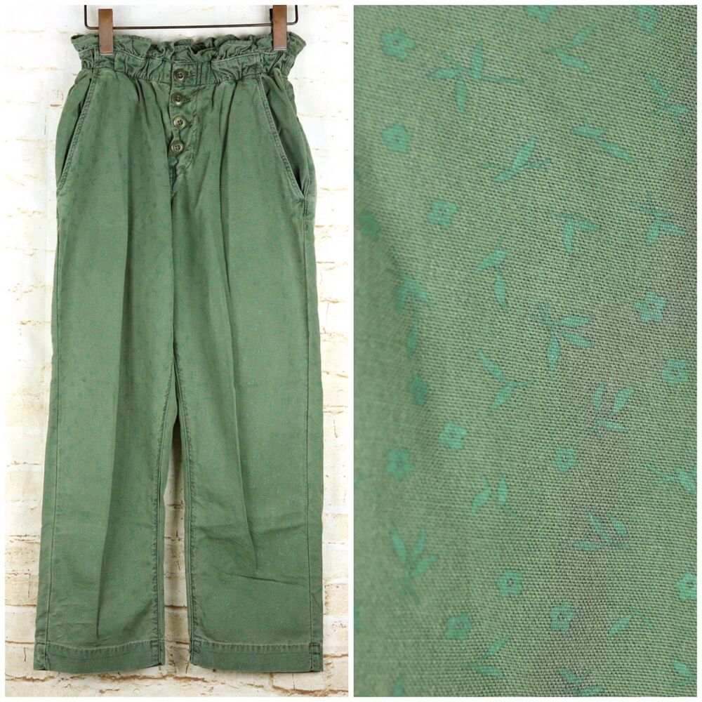 The Great Gunny Sack Pant Women 0 Green Floral Crop Trouser Paperbag Button Fly